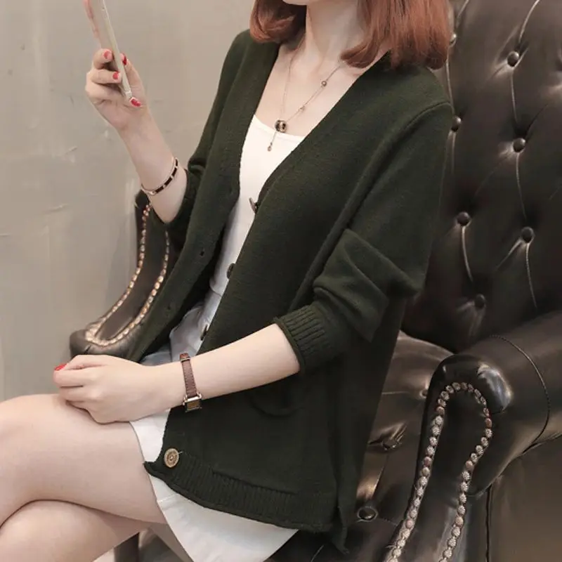 

MM Women V-Neck Cardigans Long Sleeve Sweaters Solid Knitted Tops Loose Pocket Sweaters Multi Color Slim Tops