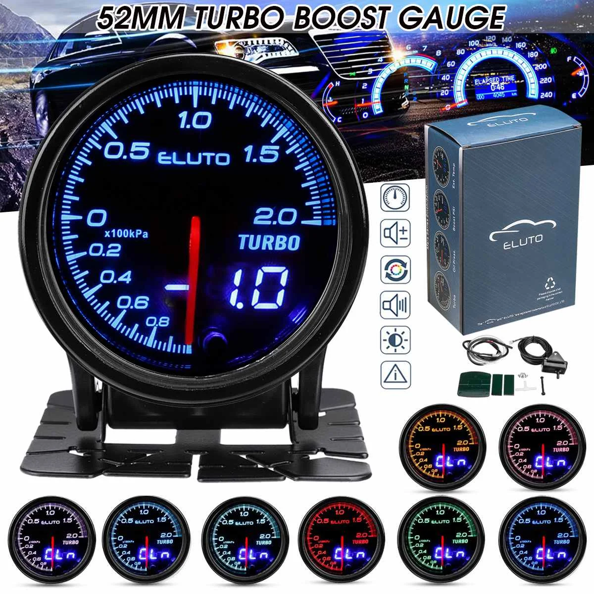 

Eluto Universal 12V 2" 52mm Car Turbo Boost Gauge Vacuum Press Meter -1~2 Bar Double Reading Display 10-color LED Tinted Face