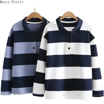 

Women's Cotton Striped T Shirts Long Sleeve Turndown Collar T Shirt 2020 Spring Femme Casual Loose Basic Tops Tees MERRY PRETTY