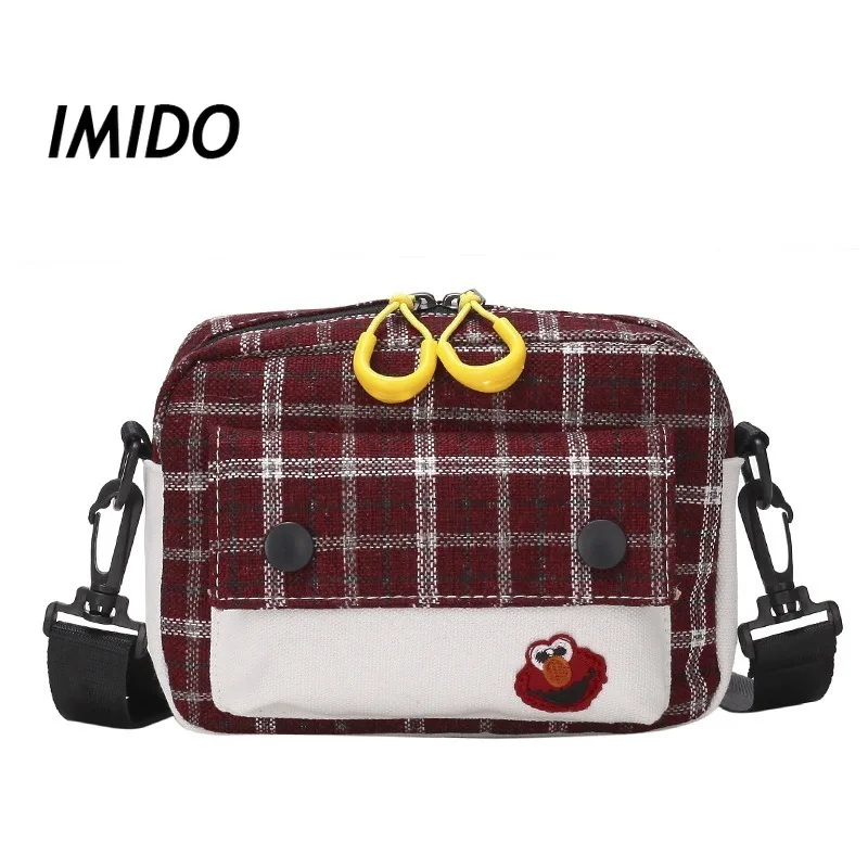 

Casual cartoon printing small square bag girl plaid cute canvas bag personality wild zipper opening shoulder messenger bag