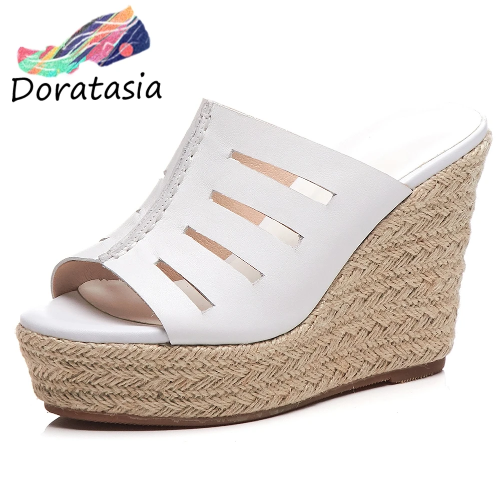 

DORATASIA Genuine Leather Women Open Toe Solid Designer Platform Shoes Wedges Solid Slip On Sandals Women Sandals