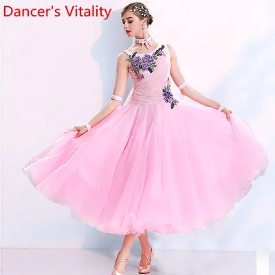 Современный танец взрослых женщин одежда большой подол национальный стандарт профессиональное представление платье бальное платье, для вальса Джаз соревнование костюм - Цвет: Розовый