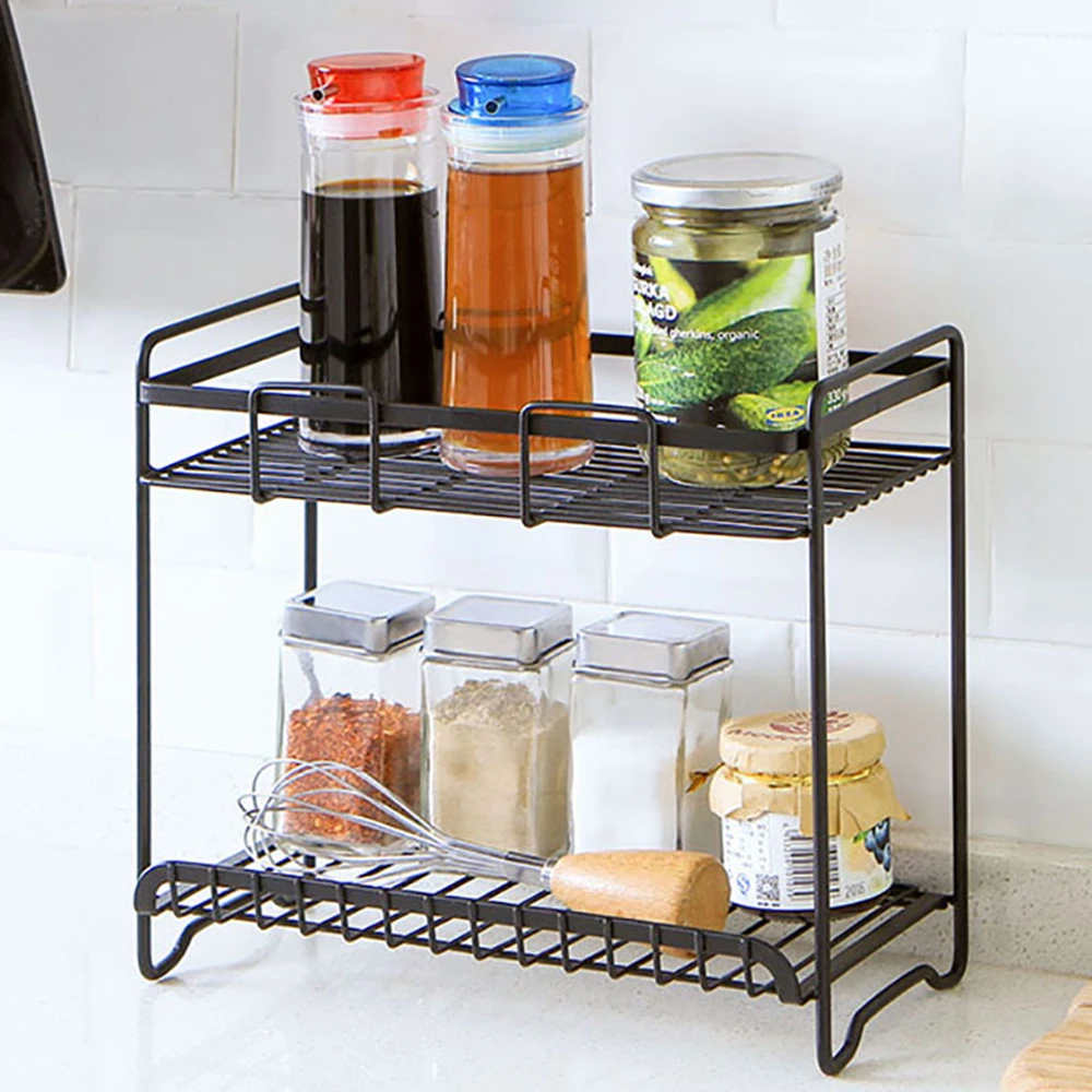 

Double Wrought Iron Storage Rack Home Shelves Floor Seasoning Shelf Vanity Finishing Rack Kitchen Gadgets Bathroom Accessories