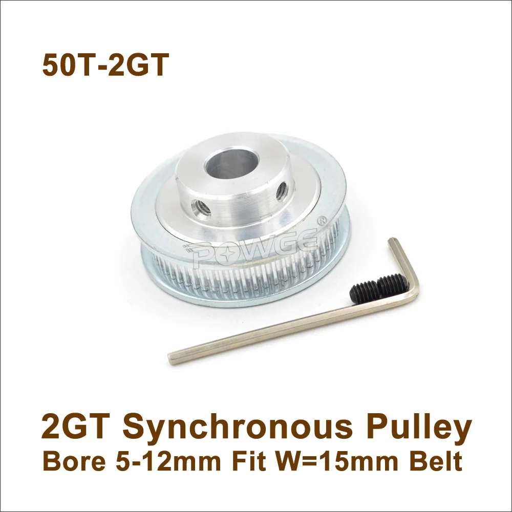 

POWGE 50 Teeth 2GT Synchronous Pulley Bore 5-12mm For Width=15mm 2MGT Timing Belt 50T 50Teeth GT2 Pulley 50-2GT BF 3D Design