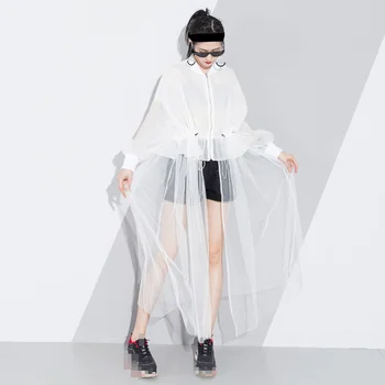 

Mesh Long Trench Coat Female Patchwork Draw String High Waist Lantern Sleeve Zipper Windbreaker Women Spring