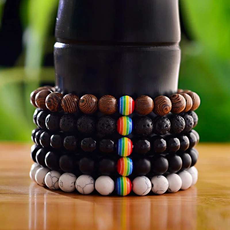 

Rainbow Bead Bracelet Male Female Wooden Beads Pride Stone Natural Oxyn Lava Stone Energy Yoga Strand Bracelets For Women Men