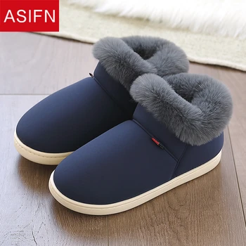 

ASIFN Men's Cotton Winter Slippers Non-slip Warm Thick-soled Women Plush with Female Winter Home Indoor Couples Zapatos De Mujer