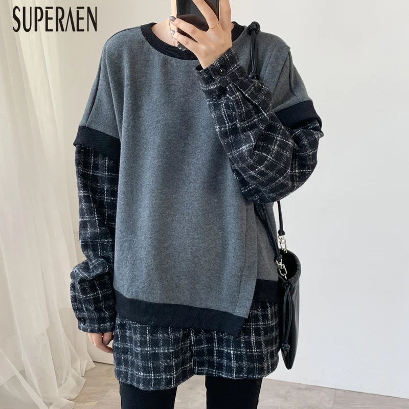 SuperAen Fake two pieces Толстовка Женская Толстовка корейский стиль свободный Pluz Размер повседневные женские свитшоты Осень новинка
