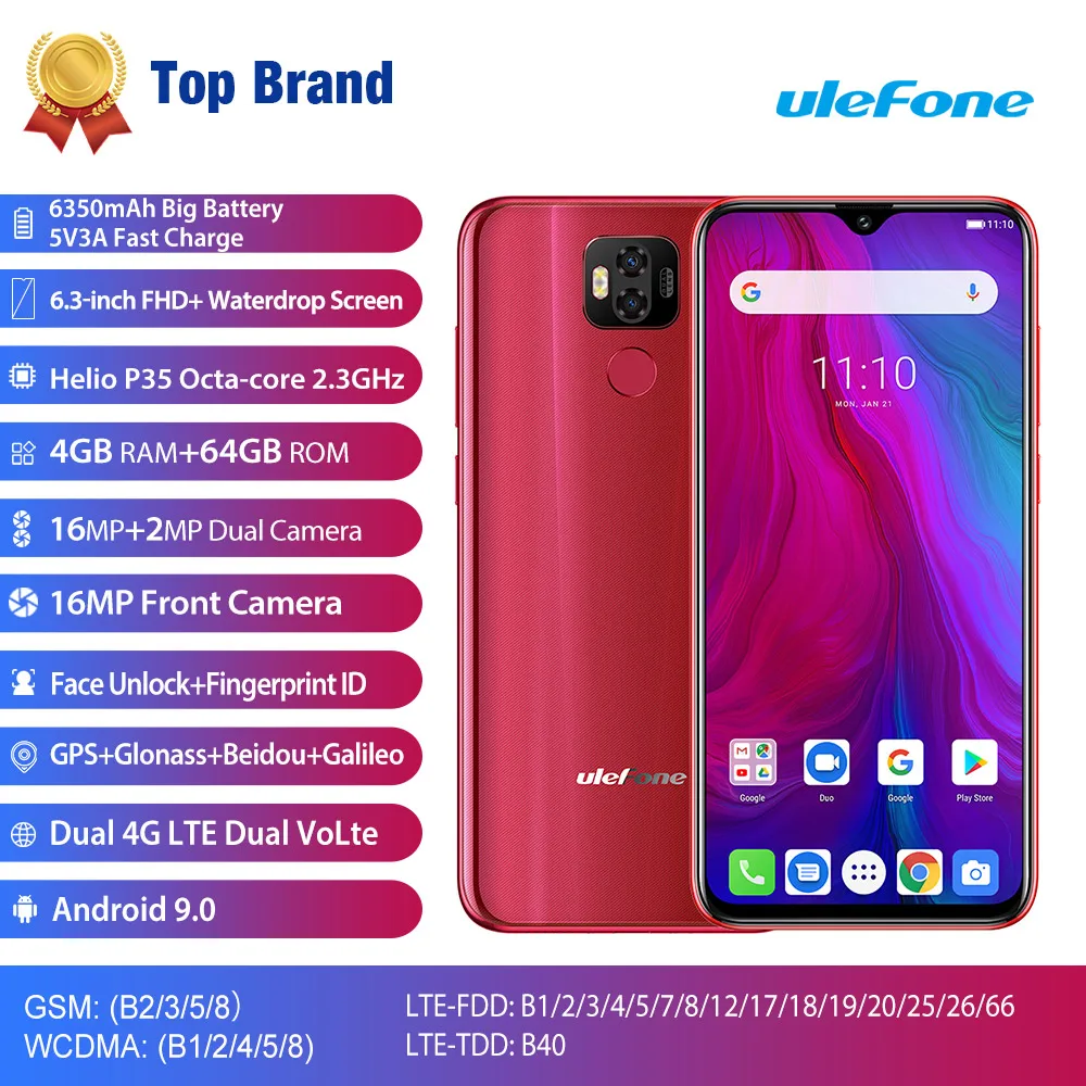 Ulefone power 6 Смартфон Android 9,0 Helio P35 Восьмиядерный 6350 мАч 6," 4 Гб 64 Гб 16 МП распознавание лица NFC 4G LTE Global Mobile P