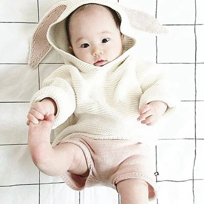 Новые осенние свитера для малышей хлопковый пуловер с кроликом детский жаккардовый свитер милый вязаный свитер с капюшоном и заячьими ушками для маленьких мальчиков и девочек - Цвет: White