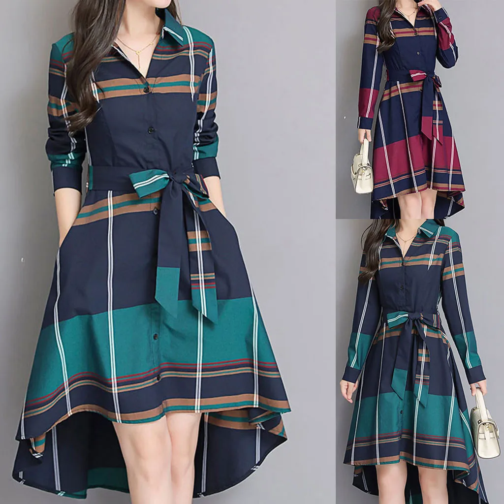 Women Casual Lapel Long Sleeve Plaid A-Line Turn-down Collar Lattice Retro Ball Gown Swing Dress red dresses for woman#45 | Женская