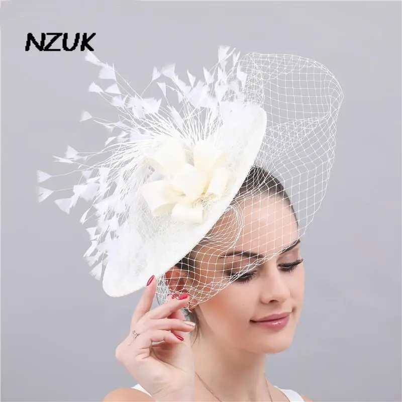 

NZUK Wedding Facinators Linen Mesh Birdcage Veil Large Elegant Women Hats Princess Bride Lace Hat Accesorios De Novias