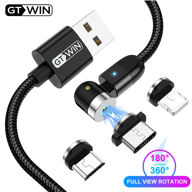 GTWIN Magnetic Type C&Micro USB Cable For iPhone Samsung Xiaomi Fast Charging Mobile Phone USB Cord New 360º+180º Free Rotation