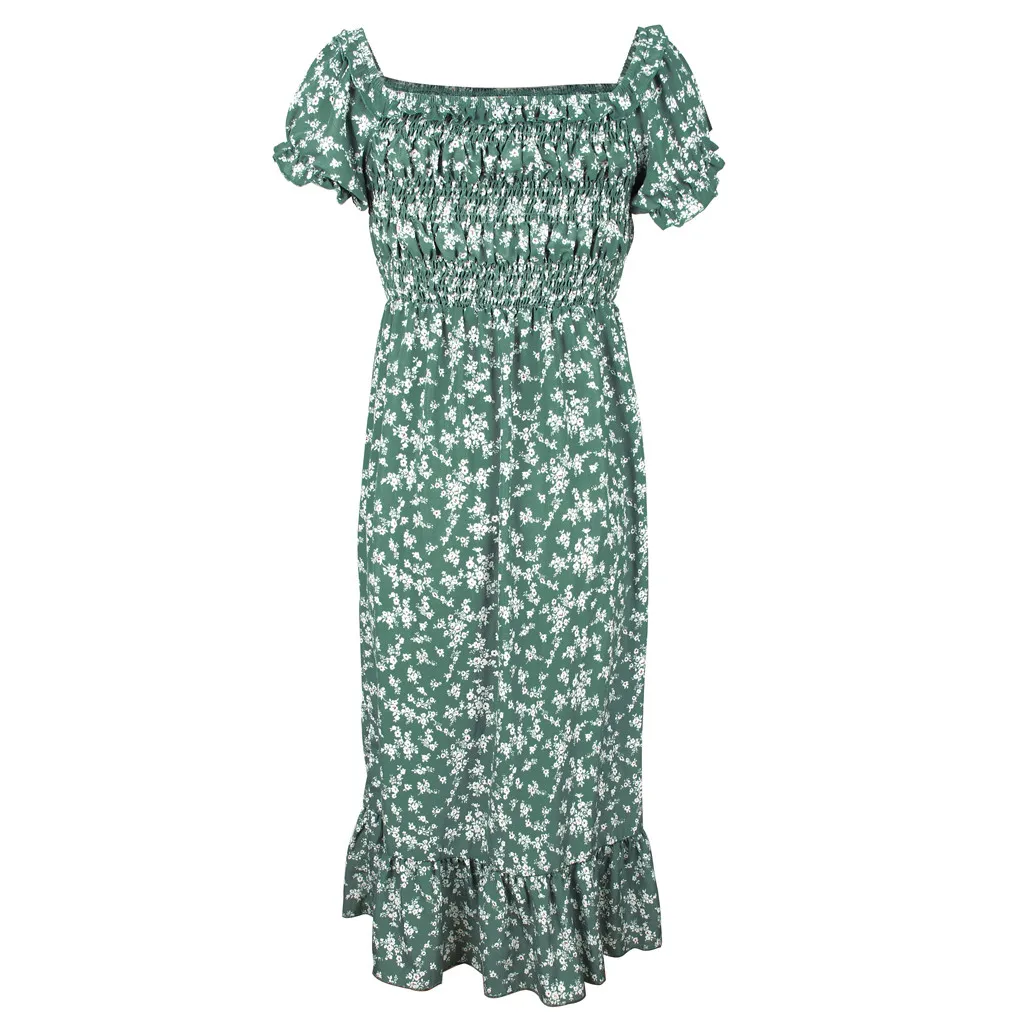 Женское богемное платье, цветочный принт, бандо, без бретелек, короткий рукав, сарафан, платье, Пляжное, с открытыми плечами, Платья для вечеринок, элегантное, Vestidos