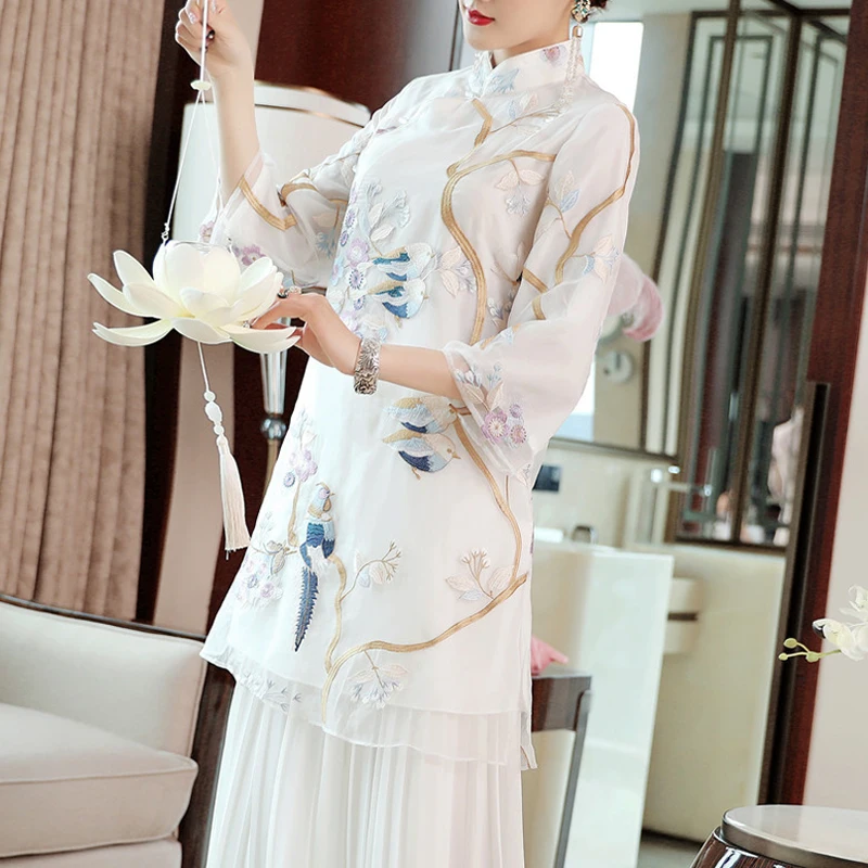 Традиционная китайская блузка qipao Китайский стиль cheongsam топы элегантные винтажные qipao Топ hanfu Вышивка Половина рукава блузка