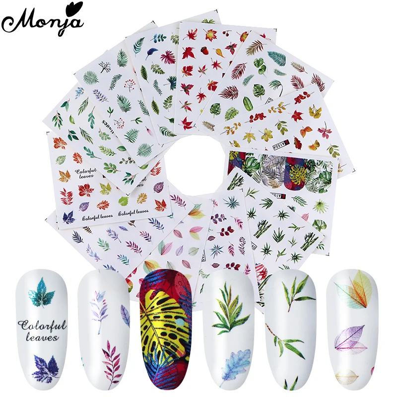 

Monja 12Pcs/Set Nail Art Water Transfer Sticker Green Leaf Maple Leaf Pattern Watermark Nail Tips Manicure Decors Accessories