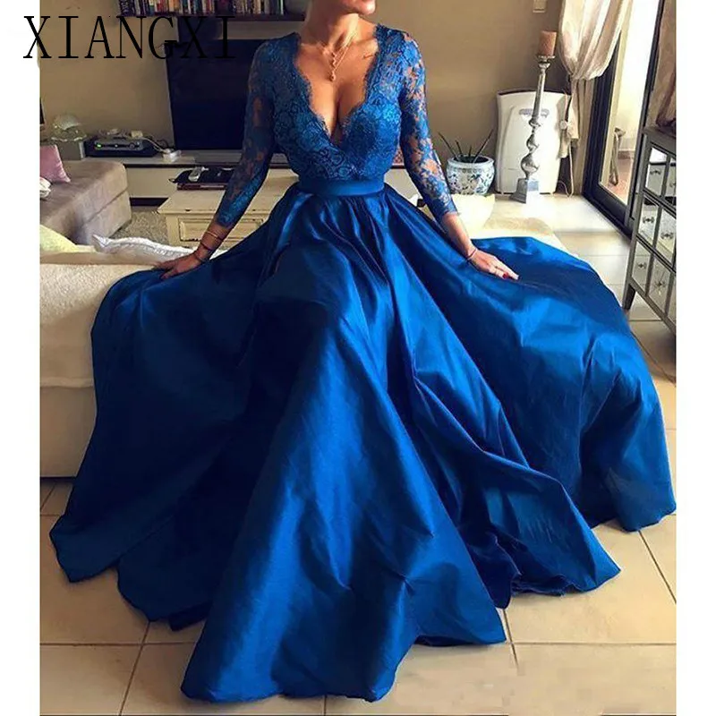 A Line Long Sleeves Bubble Style Lace Evening Dress Split Prom Gowns Custom