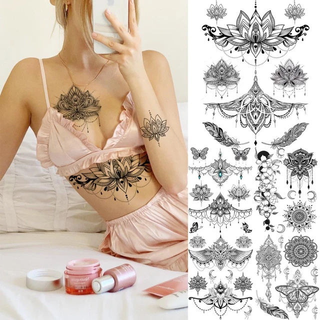 Black Mandala Lotus Pendant Sexy Henna Temporary Tattoos For Women Underboob  Adult Butterfly Feather Fake Tattoo Arm Tatoos - AliExpress