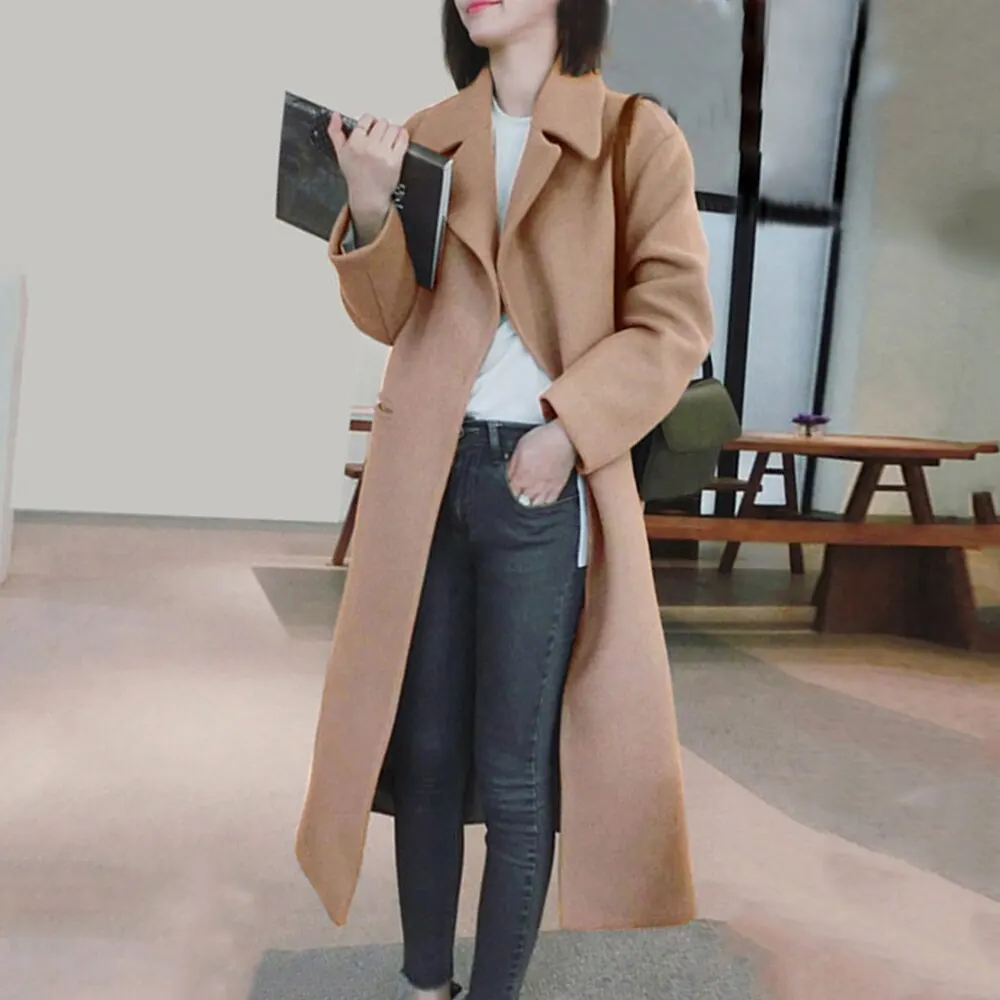 

WENYUJH 2019 New Women Solid Color Wool Blend Coat Long Sleeve Turn-Down Collar Long Coat Autumn Winter Wool Women Casual Jacket