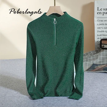 

Autumn Women Gold silver line shiny zipper Pullover knitted Sweater 2019 Winter knit Casual Sweaters female Oversize Pullovers