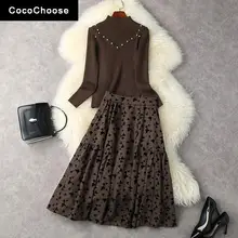 

Women's Skirt Suits Winter 2021 Designer High Quality Pearls Beading Knitted Pullovers Flocking Butterfly Long Skirt 2 Piece Set