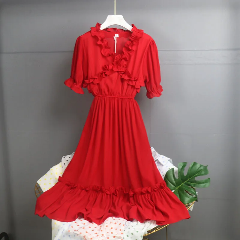 

[Attachment] Flounced Dress Mori Girl Line Cross Frilled Big Hemline Skirt Bell Sleeve over-the-Knee Long Skirts 3018