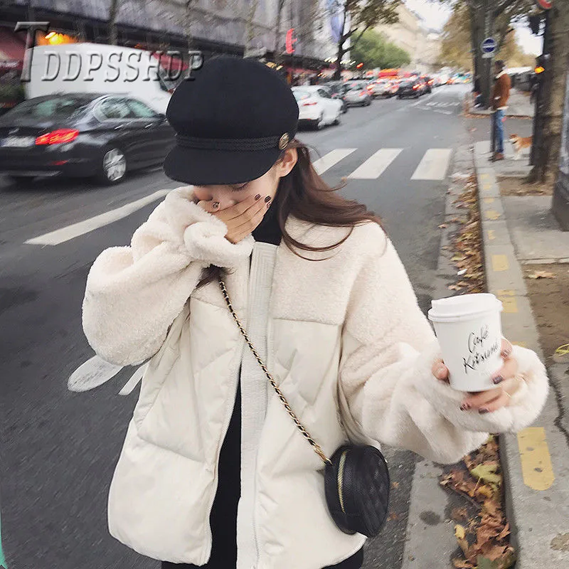 

2019 New Warm Parka Outwear Imitation Lambswool Patchwork Slim Womens Down Jacket