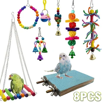 

8Pcs Parrot Bite Toys Set Frosted Springboard Swing Ring For Parrots Supplies Bell String Cage Decorations Training Toys