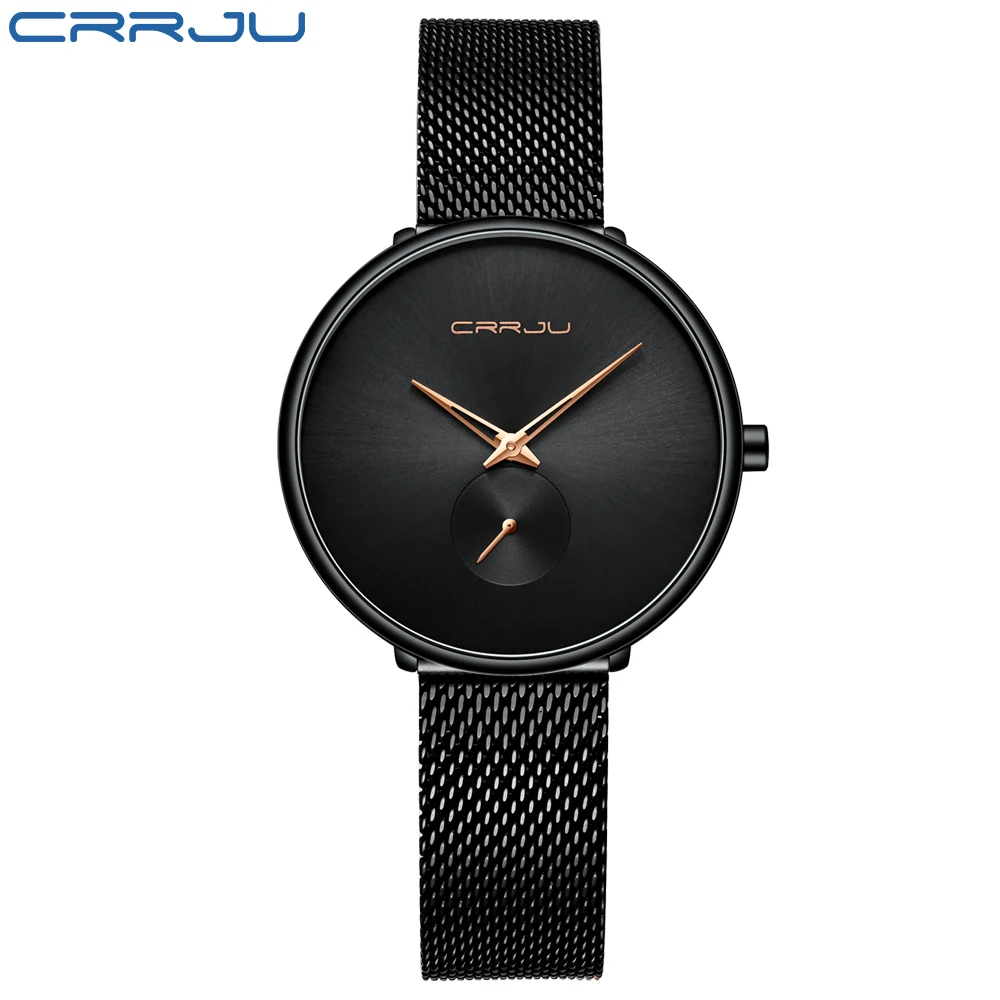 CRRJU Women's Watches Luxury Ladies Watch Fashion Minimalist Waterproof Slim Band Watches for Women Reloj Mujer - Цвет: Black