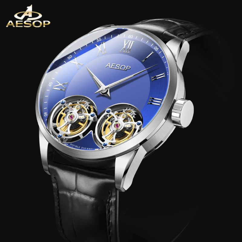 Aesop Double Tourbillon Movement Watch For Men Luxury Sapphire Mechanical Business Waterproof Watches Mens zegarek męski