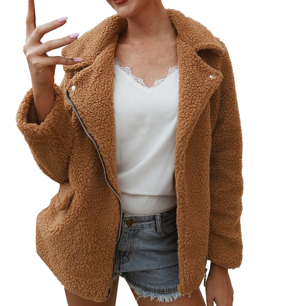 Плюшевое пальто, женская пушистая куртка, осенняя плюшевая Толстая Повседневная куртка на молнии, большие размеры, зимнее пальто из искусственного меха ягненка, Женское пальто# y4 - Цвет: Brown