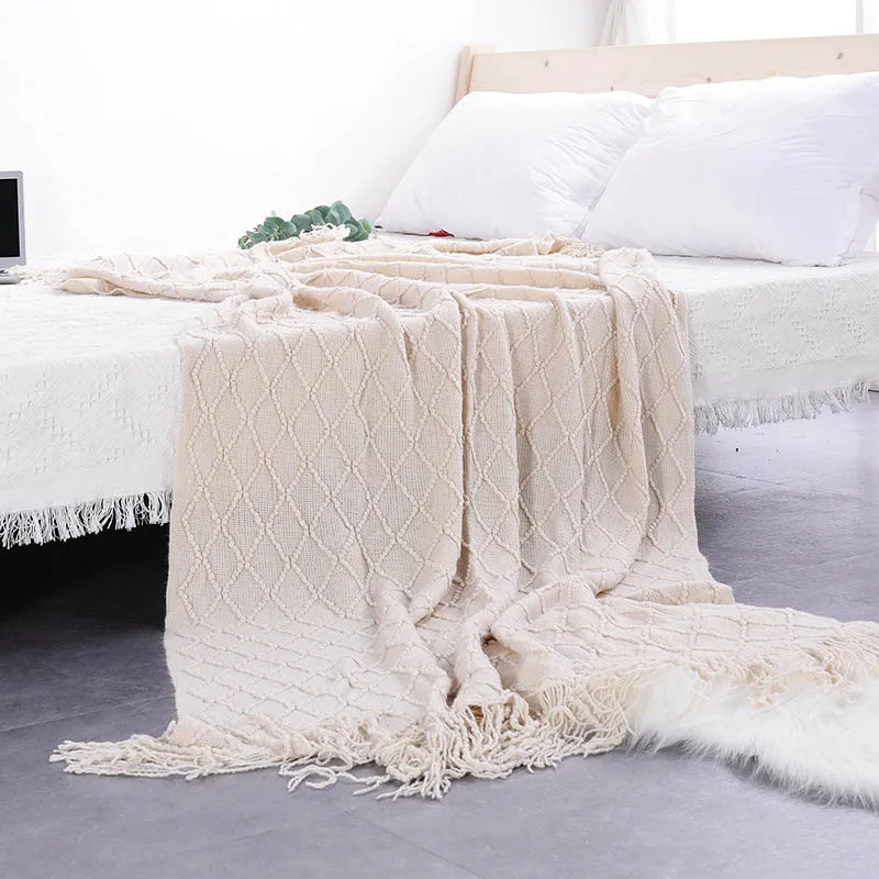 Summer Spring Knitted Air Conditioning Blankets Nap Throw Blankets Nordic Style Solid Color Khaki Grey Blanket for Bed Sofa - Цвет: beige plaid