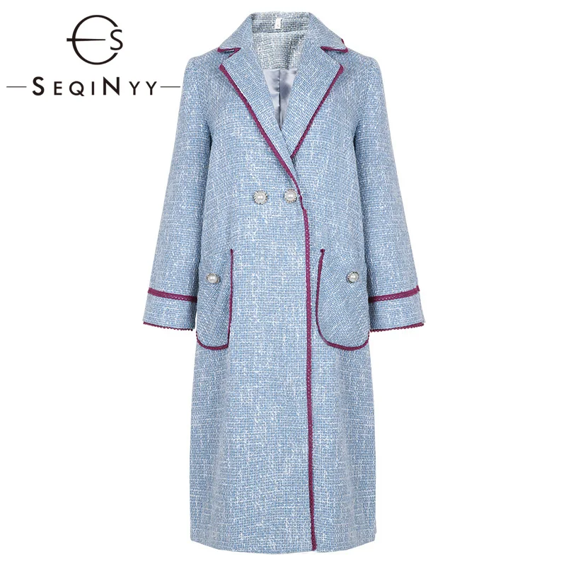 

SEQINYY Tweed Trench Coat 2020 Autumn Winter New Fashion Design High Quality Women Long Sleeve Buttons Long Loose Blue Top