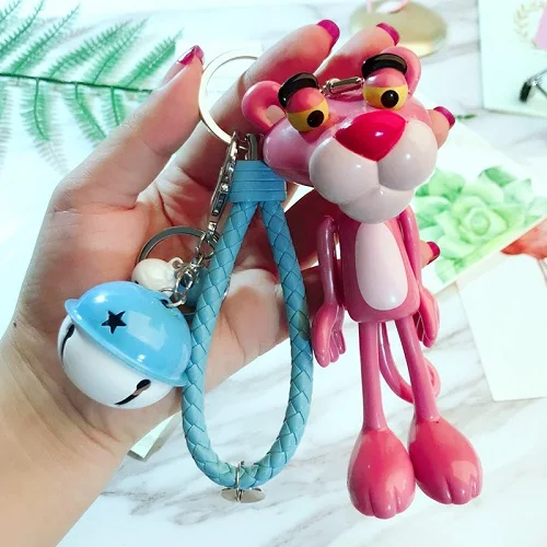

2019 Cartoon Pink Panther Key chain Women Car Bag Charm Pendant Keychains leather bell Key Ring Pendant Fashion High quality