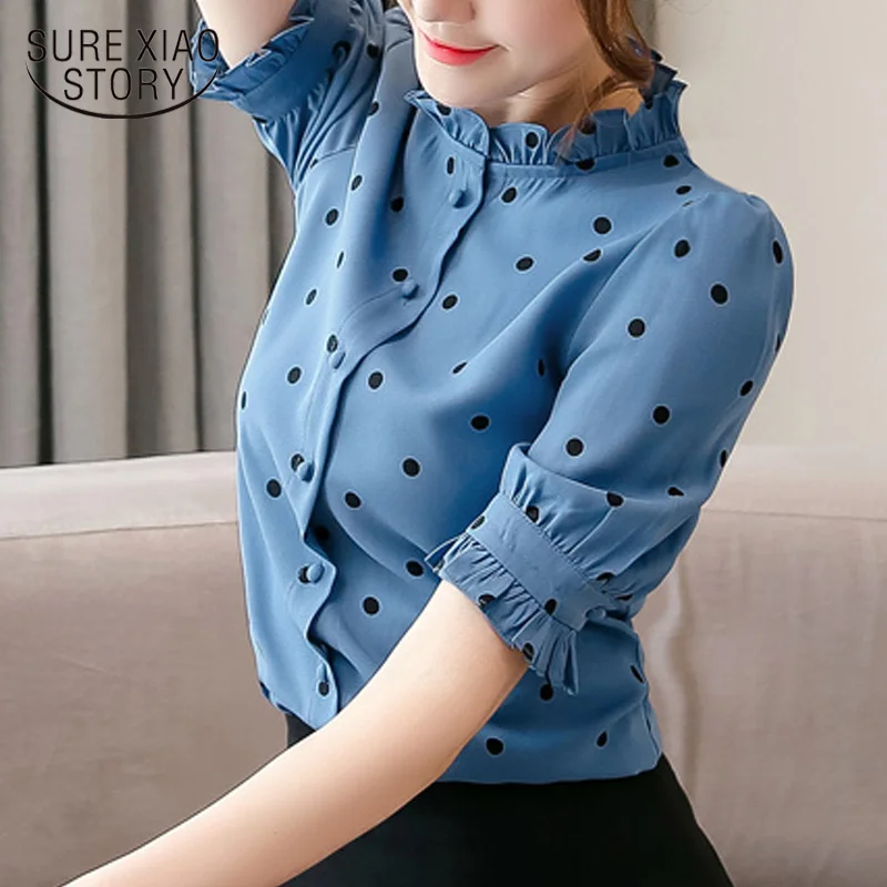  2019 New Chiffon Shirts Women Shirt Summer Shirt Women Tops Dot Printed Fashion Korean Blue Pink Sh