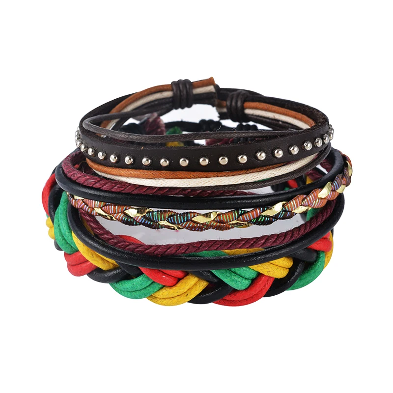 F 1 комплект Многослойный кожаный браслет мужские ювелирные изделия Boho Рок Браслеты из дерева для женщин винтажные браслеты и браслеты - Окраска металла: F