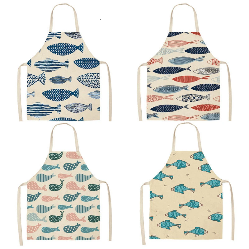 1Pcs Fish Marine Style Cotton Linen Kitchen Apron 53*65cm for Woman Home Cooking Baking Coffee Shop Cleaning Accessory WQL0020
