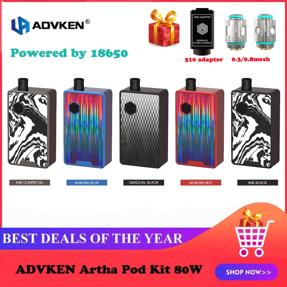 Advken Artha Pod Mod-Kit de 80W alimentado por 18650 con cartucho de cápsula rellenable de 4,5 ML, bobina de malla de 0,3/0.8ohm compatible con tanque de rosca 510 RDA