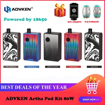 

Advken Artha Pod Mod 80W Kit Powered by 18650 with 4.5ML Refillable Pod Cartridge 0.3/0.8ohm Mesh Coil fits 510 Thread Tank RDA