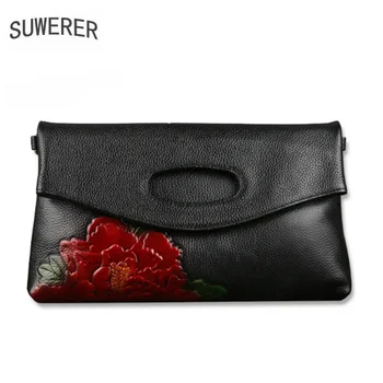 

SUWERER 2019 New Women Messenger Bag Leather Vintage Embossed Women Clutch Bag Top Layer Leather Square Bag Women Wallet