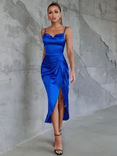 

SRUBY Solid Woman Dress Spaghtti Straps Satin Wrap Chest Sexy High Waist Long Dress Split Dress Evening Party Dress christmas