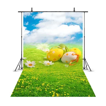 

Easter Eggs Spring Flowers Grassland Baby Newborn Photographic Background Blue Sky Green Scenery Backdrops for Photo Studio