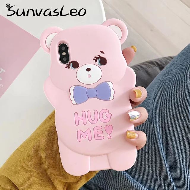 For iPhone 5 6 7 8 11 Pro X XR XS Max /Plus New 3D Cartoon Animal Soft Silicone Case Cell Phone Back Cover Skin Shell Shockproof Pink Hug Bear