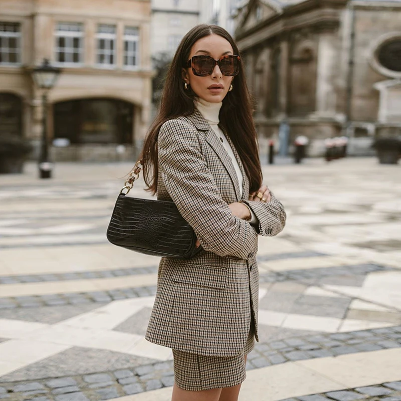 Goedkoop Fashion Office Dames Pak Set Vrouwen Tweedelige Houndstooth Set Elegante Enkele Breasted Blazer Met Hoge Taille Chic Mini Rok