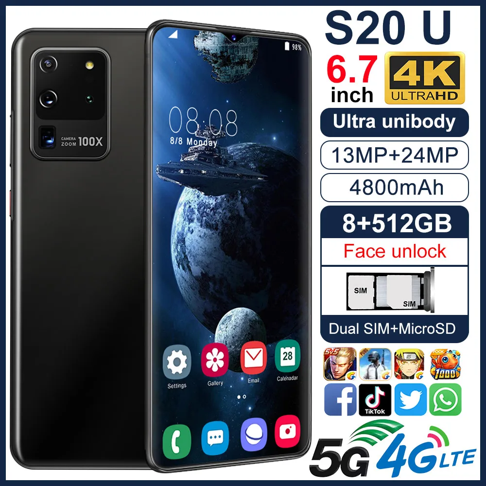 Smartphone S20U phones MTK6799 Deca core 6.7inch HD Mobile phone 1440*3040 Unlocked smartphone 8GB+512GB Camera 13MP+24MP
