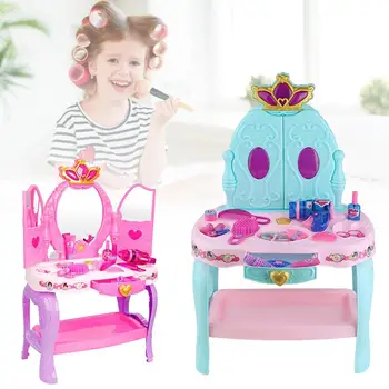 

Vanity Set Girls Toys Makeup Accessories With Flashing Lights Big Mirror Cosmetics Hair Dryer Fashion Toy Kit Pretend Play Set