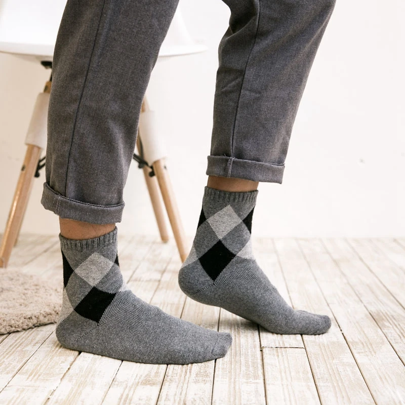 Осенне-зимние махровые толстые теплые хлопковые носки Модные ромбовидные деловые повседневные мужские носки высокого качества мужские носки