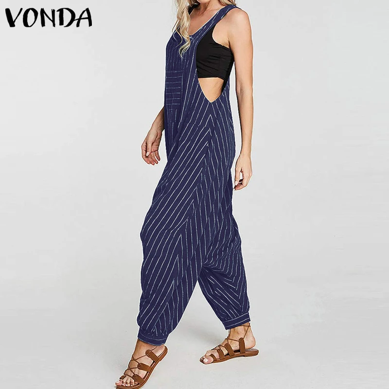 Striped Rompers Womens Jumpsuits VONDA Summer Sleeveless Playsuits Casual Loose Bohemian Overalls Femme Vintage Pants Plus Size Striped Rompers Womens Jumpsuits VONDA Summer Sleeveless Playsuits Casual Loose Bohemian Overalls Femme Vintage Pants Plus Size