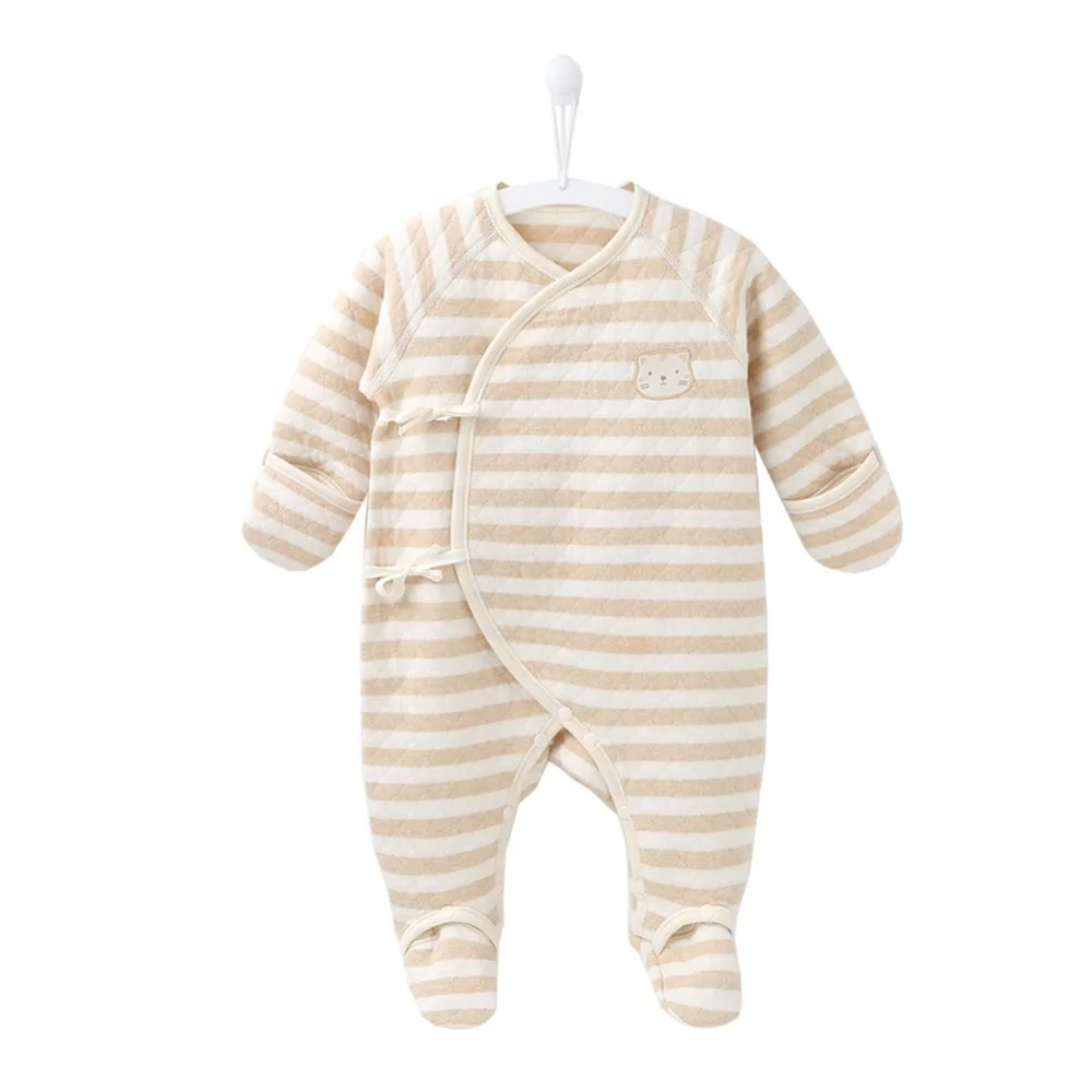 COBROO/ хлопковая одежда для новорожденных мальчиков и девочек от 0 до 3 месяцев, полосатая Пижама с милым котом для малышей, пижама с лапками, шлепки с рукавицами