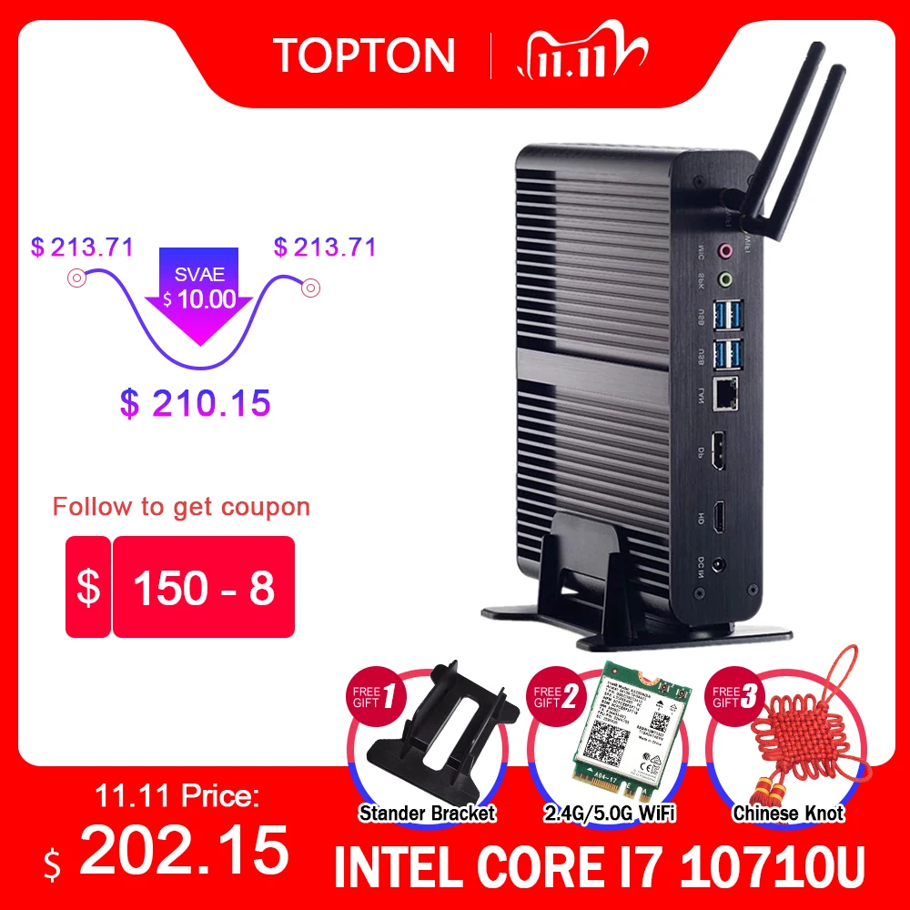 Topton безвентиляторный мини ПК Intel Core i7 10510U 10710U i5 8265U Мини компьютер Nuc 2 * DDR4 M.2 + Msata 5